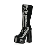 Bold Patent Leather Knee High Platform Chunky Heel Boots - Black